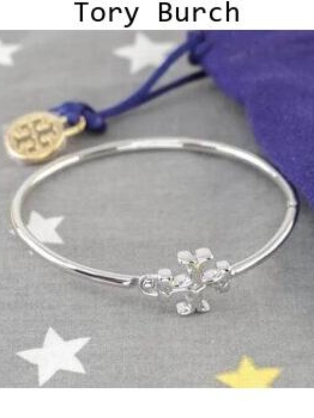 Tory Burch Silver Floral Logo Bangle Bracelet